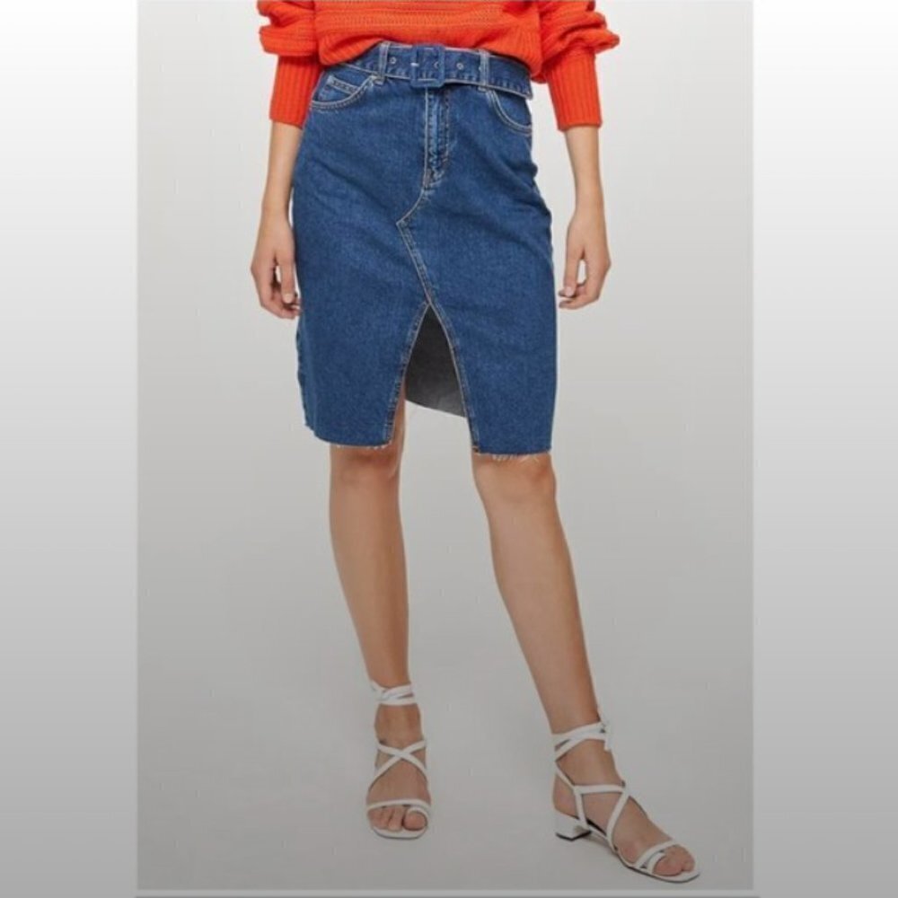 Topshop Moto Belted Highrise Midi Denim Jean Skirt